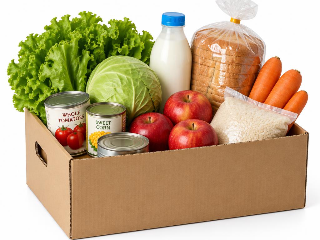 Caja de cartón llena de comestibles frescos con verduras, leche, pan y alimentos enlatados